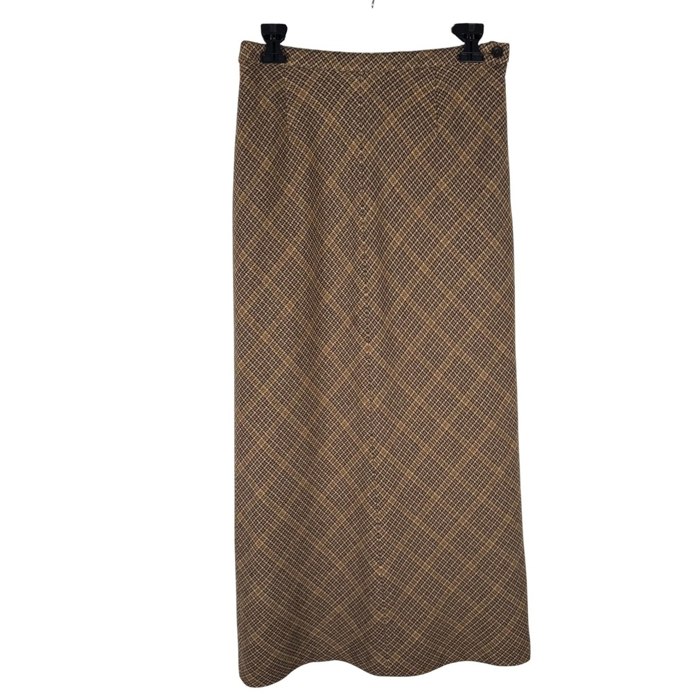 GAP Vintage Wool Blend Houndstooth Maxi Skirt Womens 10 Brown Tan Plaid